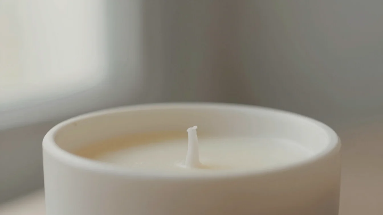 Close editorial product detail of a smooth soy wax candle surface