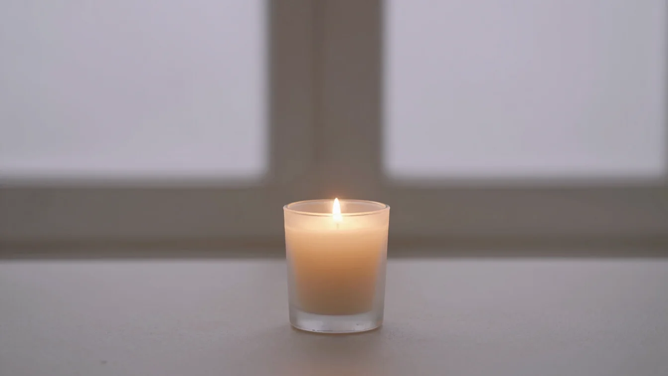 Editorial still of a candle lit in a quiet home setting, soft gen