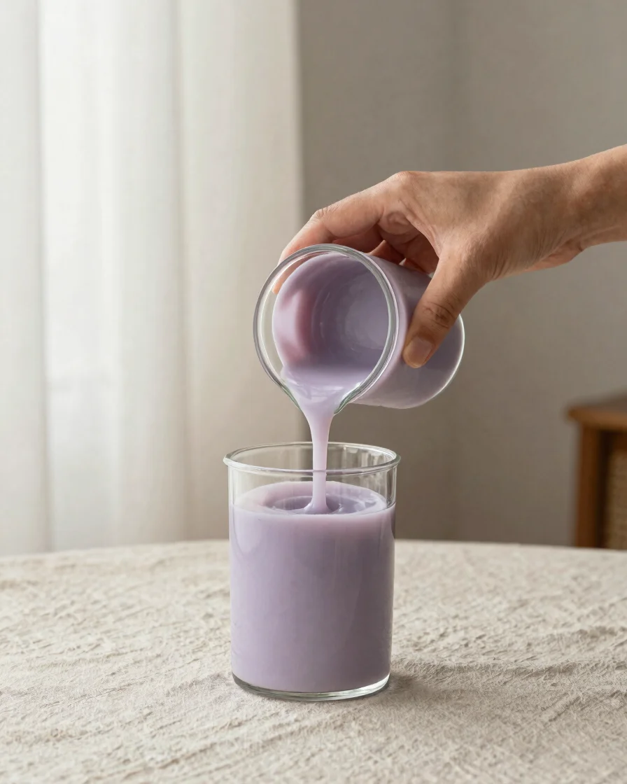 Editorial product photograph of a pair of hands carefully pouring warm soy wax into a glass vessel on a light beige line