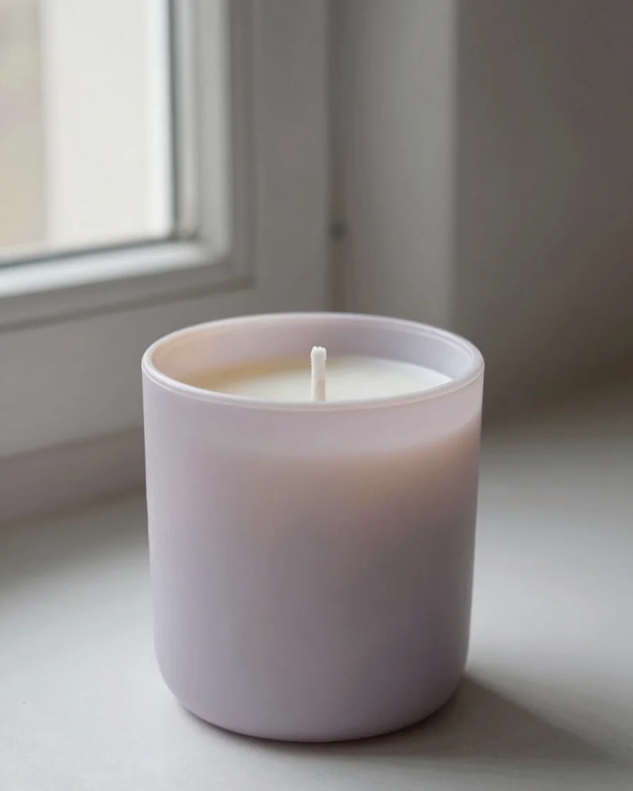 Close editorial product detail of a handmade soy wax candle in a simple vessel, smooth creamy wax surface with a faint p