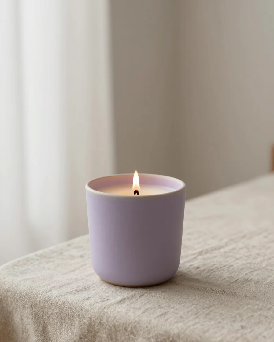 Editorial product photograph of a lit soy wax candle in a conside